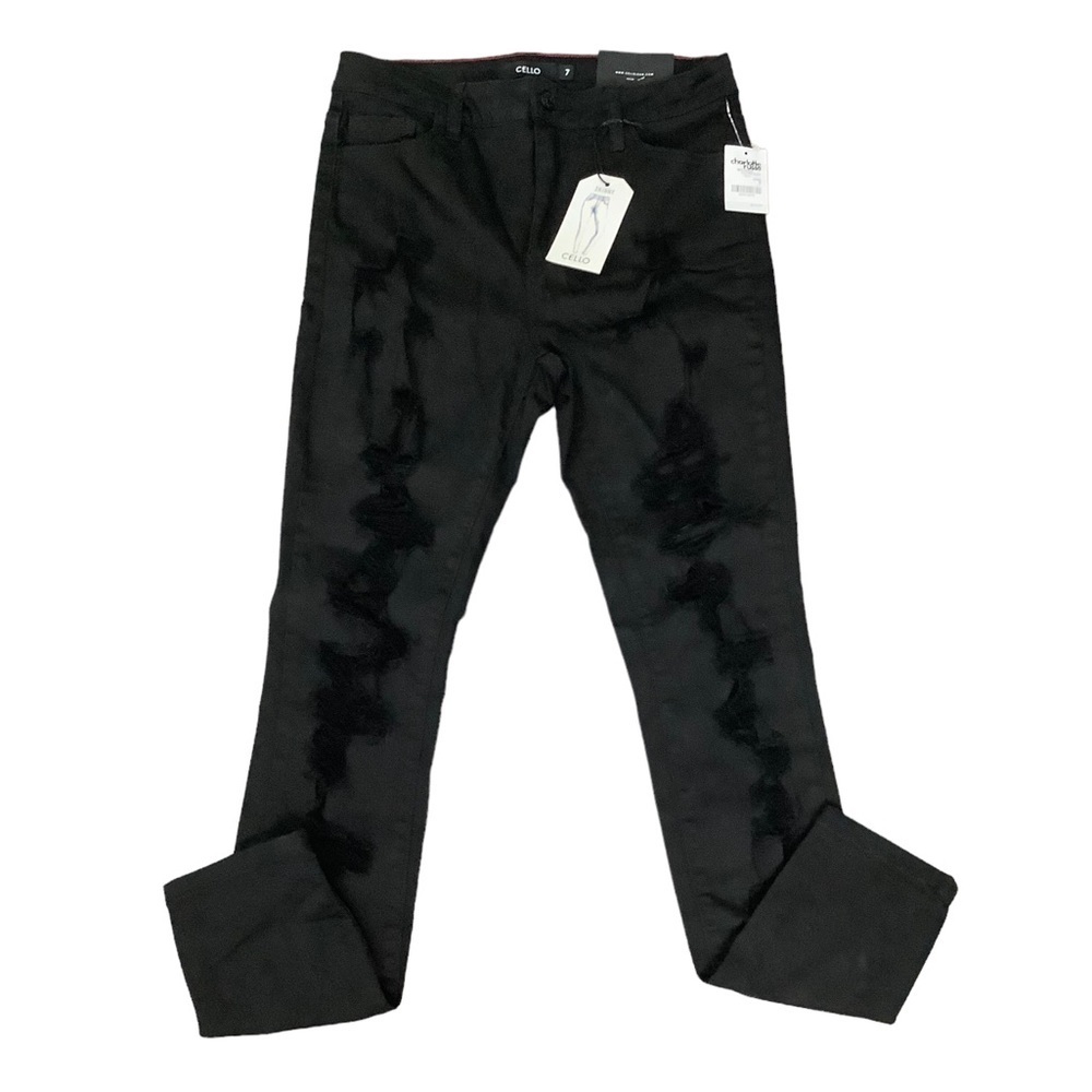 Charlotte Russe 7 Medium Jeans Destroyed Black Stacked Skinny Stretch Torn NWT - Picture 2 of 9